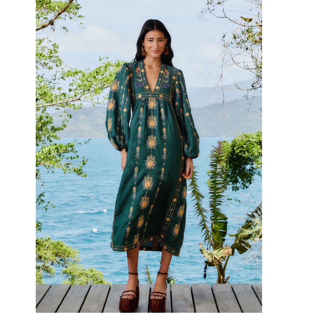 FARM Rio Green Pineapple Embroidered Premium Linen Tunic Maxi Dress Size XS NWT